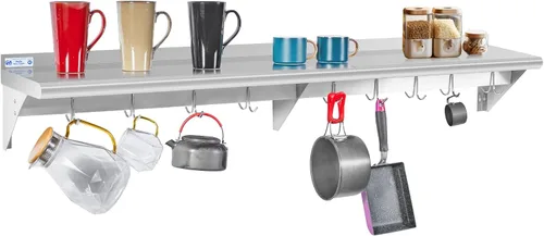 Miniatura 14 de Hally Estante de Acero Inoxidable con 6 Ganchos 12" x 36" Estante para Ollas Montado en Pared, Estantería Flotante Comercial NSF para Almacenamiento