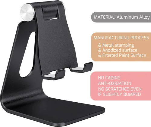 Miniatura 3 de Soporte plegable negro para teléfono celular de aleación de aluminio, soporte de teléfono de metal de mesa con ángulo ajustable por eje giratorio