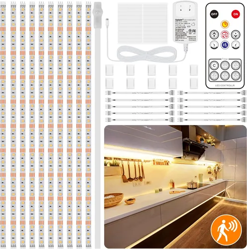 LAFULIT Kit de 10 luces para debajo del gabinete, tira de luces LED con sensor de movimiento con control remoto, regulables y temporizadores, luces