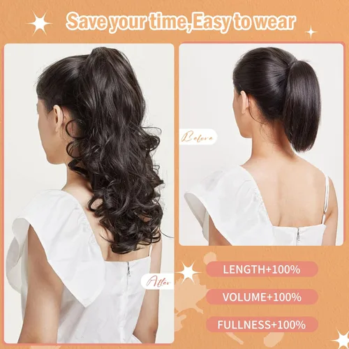 Miniatura 5 de Extensión de cola de caballo de 18 pulgadas, rizado, ondulado, con clip, extensiones de cabello largo sintético para mujer, color marrón claro