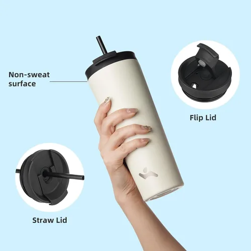 Miniatura 4 de Konokyo Vaso aislado de 18 onzas con tapa y 2 pajillas, botella de agua de acero inoxidable, taza de viaje al vacío, taza de café, color blanco ángel