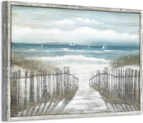 Miniatura 12 de Lienzo decorativo para pared, camino de playa: camino de arena con pintura de valla a la costa, impresiones artísticas para baño