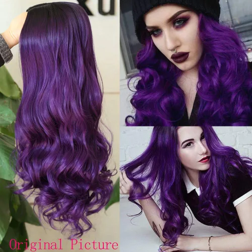 Miniatura 2 de Pelucas largas, rizadas y onduladas, en color morado degradado, de pelo sintético, resistentes al calor, 2 tonos, raíces oscuras, para mujeres