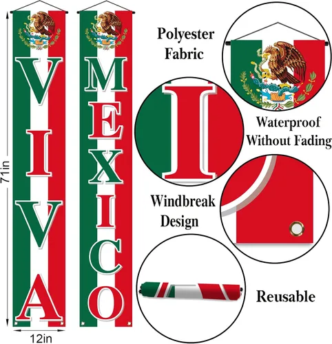 Miniatura 2 de Vohado Viva México - Cartel colgante para puerta delantera, decoración del Día de la Independencia mexicana, 16 de septiembre, suministros