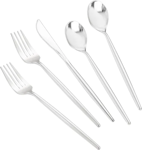 LIYH 102 piezas de cubiertos de plástico plateado – Juego de cubiertos de plástico de alta resistencia, utensilios desechables, cuchillos, 102 plata