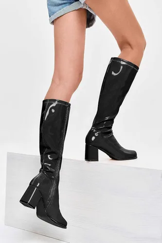 Miniatura 4 de Coutgo Botas altas Gogo para mujer, punta cuadrada, tacón grueso, charol y cremallera sobre la rodilla
