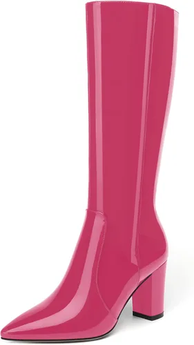 Miniatura 134 de AMBELIGHT Botas altas hasta la rodilla con cremallera y puntera puntiaguda para mujer, de patente sólida, tacón alto, 3.3 pulgadas