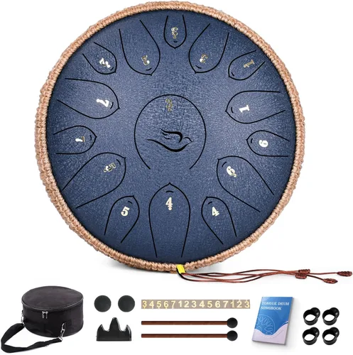 Miniatura 19 de Tambor de Lengua de Acero - 15 Notas Tambor de Acero - Instrumento de Tambor Handpan de 14 Pulgadas con Libro de Música, Mazos para Instrumentos