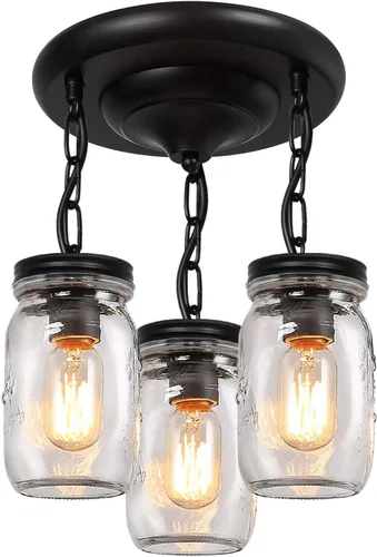 Miniatura 11 de Lámparas de Tarro de Vidrio Estilo Mason, Lámpara Colgante de 1 Luz para Isla de Cocina, Luminaria Estilo Granja Cerca del Techo para Cocina, 1