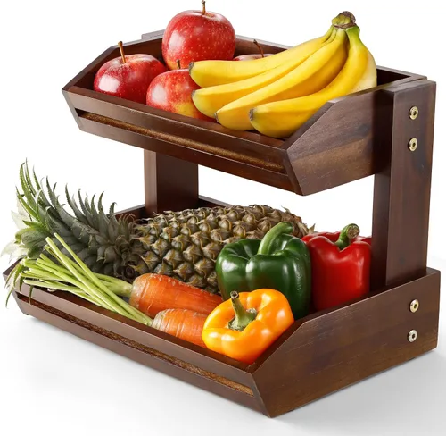 Miniatura 11 de HOLANA Cesta de frutas de 2 niveles de acacia para organizador de encimera de cocina – Tazón de frutas de madera y cesta de madera