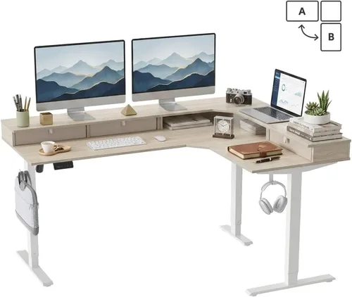 Miniatura 12 de CubiCubi 63x48 Inches L Shaped Standing Desk with 3 Drawers and Monitor Shelf, Height Adjustable Corner Computer Desk with Hooks, Sit Stand Up