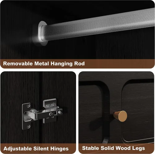 Miniatura 5 de HLR Armario moderno de mediados de siglo de 71 pulgadas con puertas y cajones, armario de almacenamiento de madera con barra para colgar para Negro