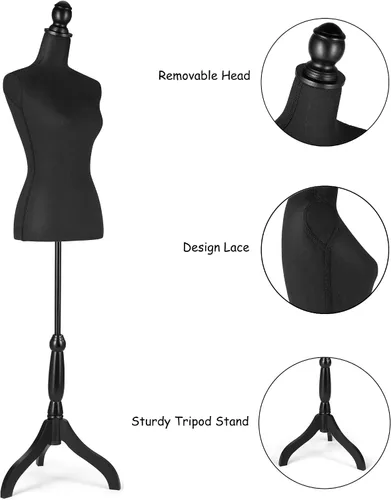 Miniatura 4 de Maniquí de cuerpo de maniquí de altura ajustable con trípode para ropa, vestido de mujer, exhibición de joyas, color negro