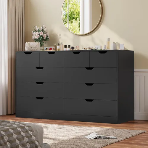 Miniatura 15 de HAUOMS Cómoda alta de 5 cajones, cómoda moderna negra para dormitorio, vestidor de armario con cajones para sala de estar, entrada, pasillo Negro