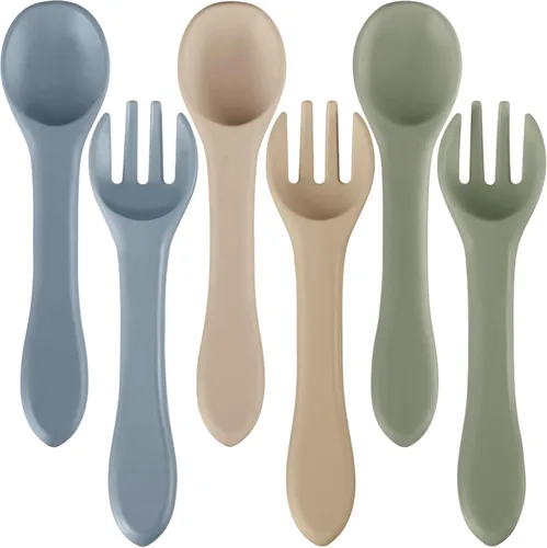 Miniatura 12 de Nuenen Juego de 6 tenedores y cucharas de silicona para bebés, suministros de autoalimentación para primera etapa, mini utensilios para niños