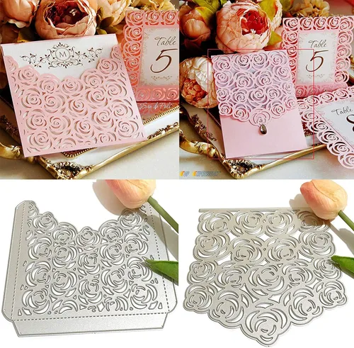 2 plantillas de metal troqueladas, invitación de boda, borde de rosa, plantillas cortadas para bricolaje, álbumes de recortes, álbum de fotos,