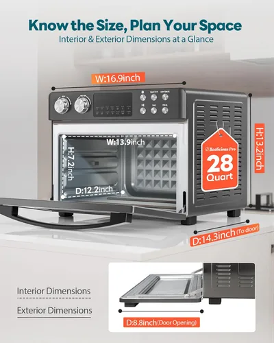 Miniatura 7 de Combo de horno tostador con freidora de aire de 28 cuartos de galón, horno grande de encimera con convección HeatWave de última generación, cocción