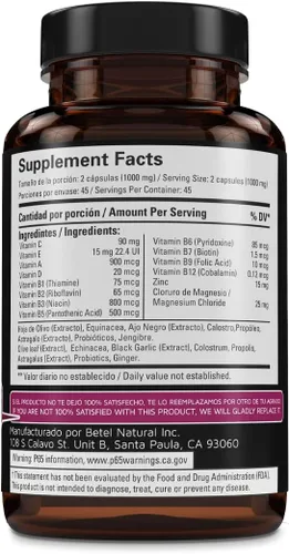 Miniatura 2 de Betel Natural Cápsulas inmunitarias fuertes de apoyo inmunológico con equinácea, vitaminas y minerales, 1000 mg por porción