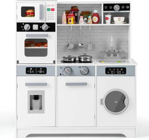 Miniatura 11 de Costzon Juego de cocina para niños, cocina de juguete de madera con luz y sonido, microondas, máquina de hielo, horno, fregadero y grifo, accesorios