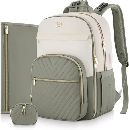 Miniatura 12 de MOMUVO Mochila para pañales, bolsa de bebé acolchada con cambiador, correas para cochecito y funda para chupete, bolsas de pañales de viaje grandes