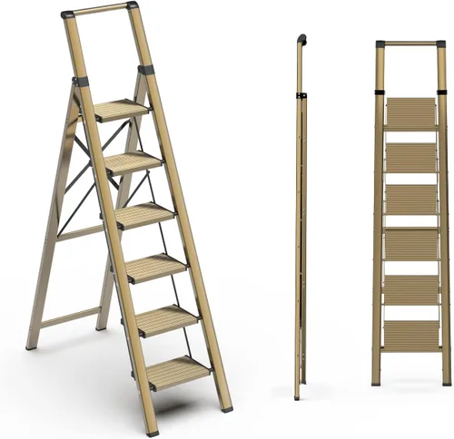 SOLADDER Escalera de 6 escalones, taburete plegable con mango y pedal ancho antideslizante, escalera de escalera portátil de aluminio ligero para
