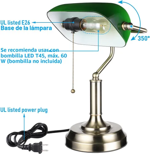 Miniatura 6 de TORCHSTAR Lámpara de escritorio de cristal verde con cadena de tracción, base E26 Base de acabado de latón, lámpara tradicional antigua para sala