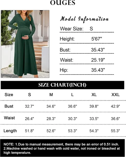 Miniatura 5 de OUGES Vestido largo de manga larga con cuello en V para mujer, con bolsillos, ropa de maternidad, vestidos de lactancia