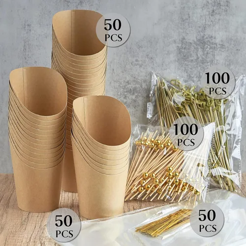 Miniatura 3 de Ocmoiy Vasos de charcutería con palillos y bolsas, vasos desechables marrones de papel kraft de 14 oz para aperitivos, vasos individuales