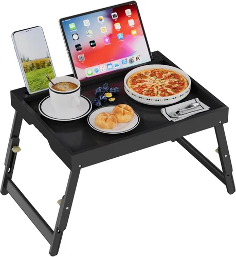Miniatura 15 de Bandeja para la cama con asas y patas plegables, bandeja de desayuno de bambú con ranura para medios, uso como plato, escritorio para laptop, Negro