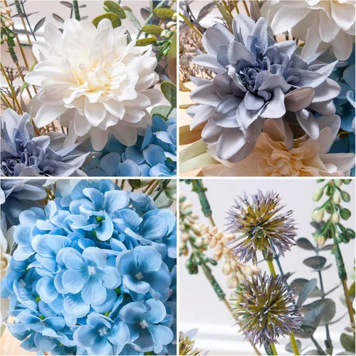 Miniatura 7 de LUEUR Flores falsas con jarrón, flores artificiales de hortensias en jarrón, arreglo de flores sintéticas adecuadas para el hogar, cocina, sala