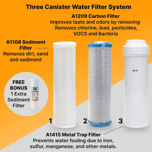 Miniatura 6 de Sistema de Filtro de Agua Mejorado para RV – Filtración de Triple Cápsula para Hierro, Metales Pesados y Sedimentos – Bloque de Carbono de 0.5