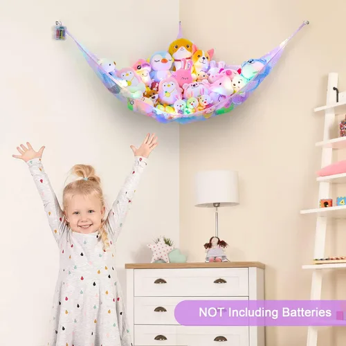 Miniatura 7 de Unicorn Castle Hamaca de red para animales de peluche, almacenamiento de juguetes con luz LED, organizador de juguetes de felpa para colgar