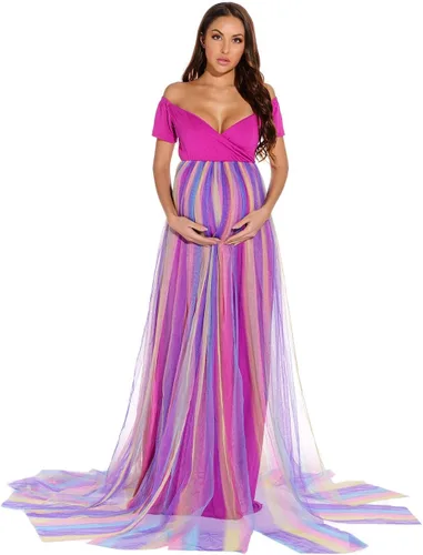 ZIUMUDY Vestido de maternidad con hombros descubiertos para sesión de fotos, vestido de baby shower, vestido de maternidad de tul de manga corta,