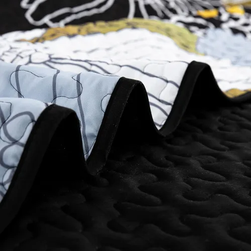 Miniatura 7 de Juego de colcha de 3 piezas con patrón floral amarillo, tamaño Queen, colcha negra ligera con 2 fundas de almohada para todas las estaciones, juego