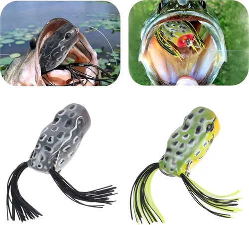 Miniatura 5 de RUNCL Topwater - Señuelos de rana – 5 piezas de cebos de silicona duraderos y realistas para agua dulce y salada, señuelos flotantes realistas