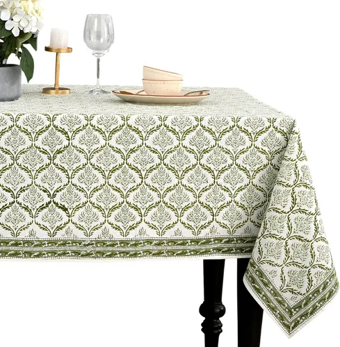 Miniatura 23 de CPC - Mantel cuadrado 100% algodón, 60 x 60 pulgadas, estampado de bloques indios, mantel para bodas, primavera/verano, barbacoa, verde ágata