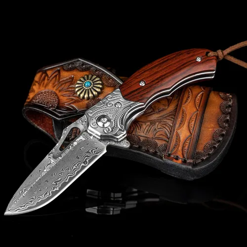Miniatura 3 de Cuchillo de bolsillo de damasco NedFoss para hombres, cuchillo plegable de damasco de acero VG10 forjado a mano de 2.75" con funda de cuero retro