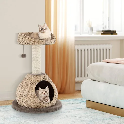 Miniatura 3 de Tangkula Árbol para gatos moderno, torre para gatos pequeña con poste de rascar de sisal natural, condominio para gatos de mimbre hecho a mano