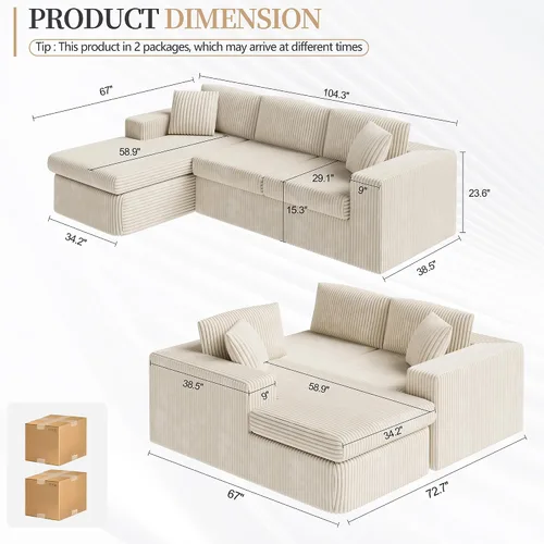 Miniatura 2 de Vongrasig Sofá modular sin hueso de 105 pulgadas para sala de estar, sofás modulares con diván en forma de L, cómodo sofá nube de espuma