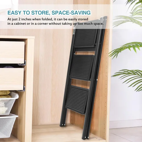 Miniatura 7 de BOCOM Escalera de 3 escalones, taburete plegable ligero y portátil de metal de hierro resistente con pedal ancho antideslizante, capacidad de carga