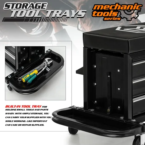 Miniatura 6 de M-AUTO Taburete Mecánico Rodante Taburete de Caja de Herramientas de Garaje Asiento de Cofre de Herramientas con Ruedas, Capacidad de 350 LBS