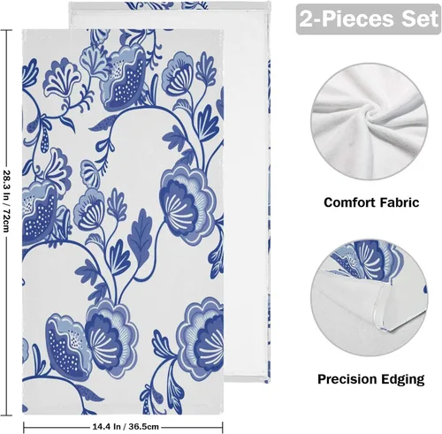 Miniatura 2 de susiyo Juego de 2 toallas de mano de estilo chinoiserie con estampado de flores azules, toallas de baño decorativas súper suaves y altamente
