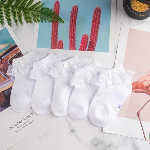 Miniatura 8 de Looching 5 pares de calcetines de encaje con volantes de malla con ojales de algodón para el tobillo suave para niñas pequeñas