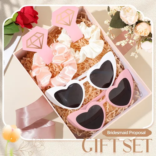 Miniatura 2 de Juego de 24 propuestas de regalo para dama de honor, 12 gafas de sol en forma de corazón, 12 coleteros de satén para el pelo para novia, boda