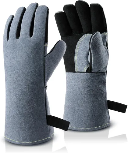 Guantes de soldadura Mig/Stick resistentes al calor de 932 °F de cuero de vaca de 14 pulgadas, guantes de barbacoa de manga larga y forro aislado