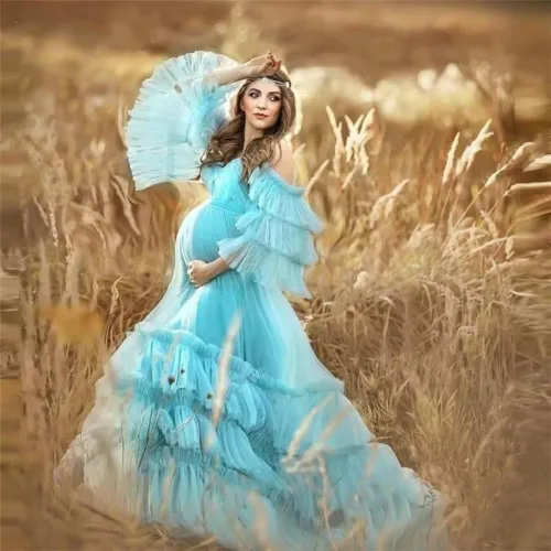 Miniatura 5 de Toreque Vestido de maternidad de tul para sesión de fotos, mangas hinchadas, batas largas de embarazo para baby shower