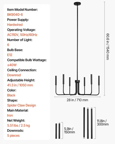 Miniatura 7 de VEVOR Candelabro de 6 Luces, Candelabro de Metal Estilo Granja, Altura Ajustable, Lámpara Colgante de Comedor para Techos, Candelabro Moderno