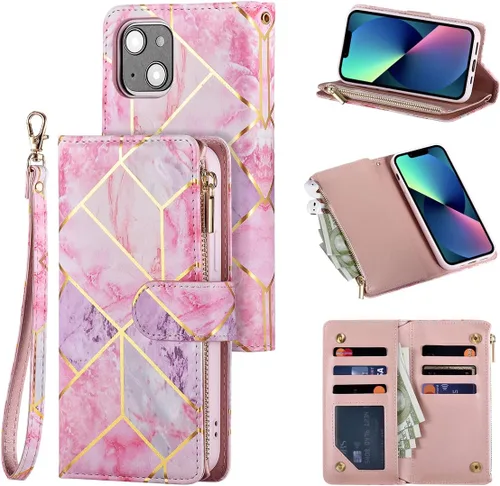 Miniatura 8 de UEEBAI Funda para iPhone 13 de 6.1 pulgadas, Cartera de piel sintética retro a prueba de golpes con función de soporte de ranuras para tarjetas