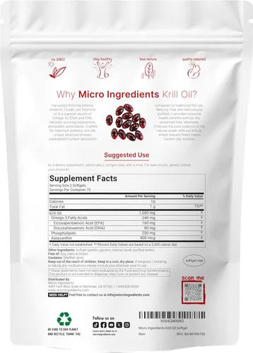 Miniatura 2 de Micro Ingredients Suplemento de aceite de krill antártico con astaxantina natural, 1000 mg por porción, 150 geles suaves, rico en omega-3 EPA y DHA