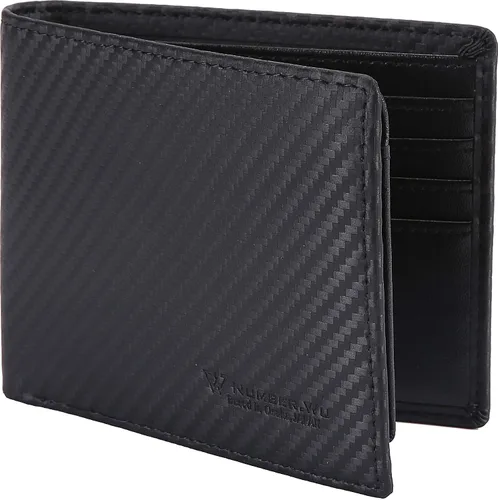 NUMBER.WU 2 ID ventana carteras para hombres bloqueo RFID hombres de fibra de carbono doble cuero genuino trifold cartera para hombre, Negro, M,